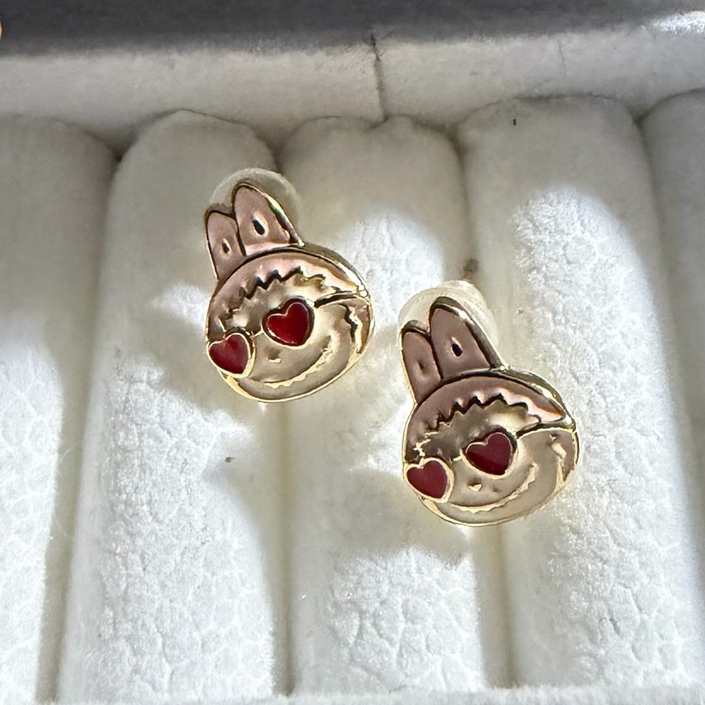 14K Gold Labubu Pink w Heart Sunnies Theme Enamel Stud Earrings Kawaii Boutique